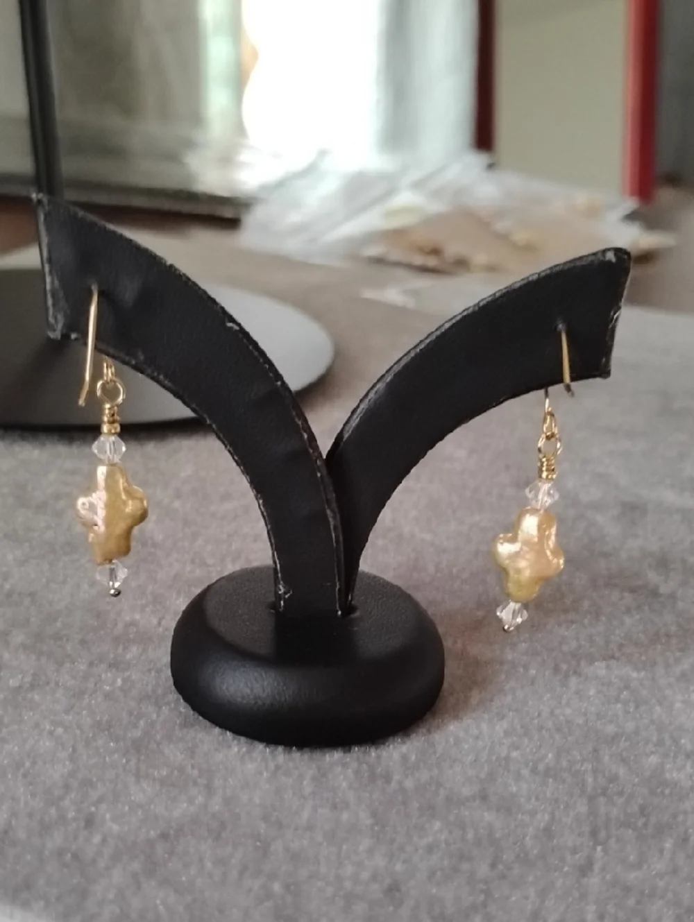 Hand Crafted Gold Pearl Cross Drop Earrings - Picture 4 of 5